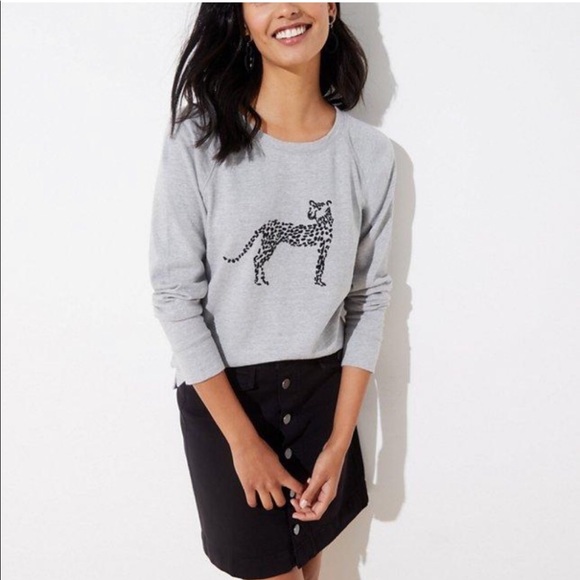 LOFT Tops - Loft Cheetah Sweatshirt Embroidered Heather Grey Cotton Long-Sleeve Top